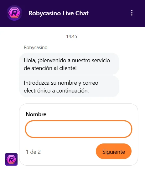 Roby Casino chat en vivo con formulario de contacto para atención al cliente