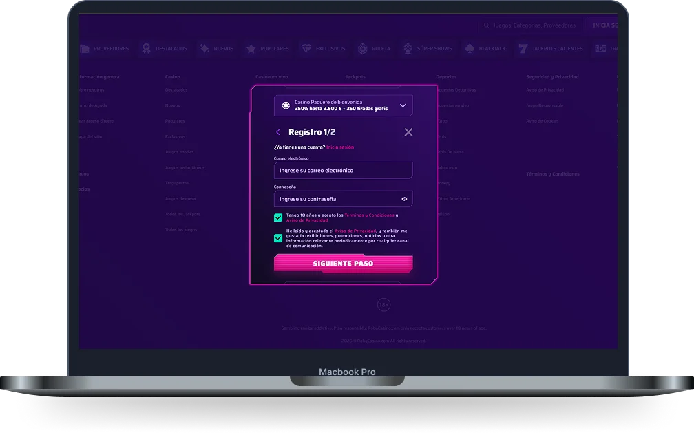 Roby Casino formulario de registro con selección de bono de bienvenida y creación de cuenta