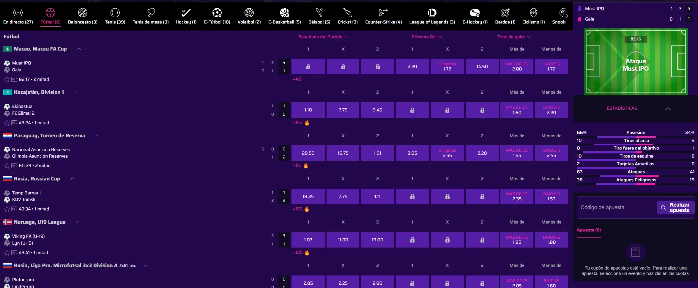 Roby Casino sección de apuestas deportivas en vivo con cuotas, estadísticas y seguimiento de partidos
