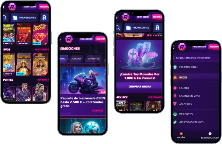 Roby Casino versión móvil con promociones, tragamonedas, menú y funciones del casino